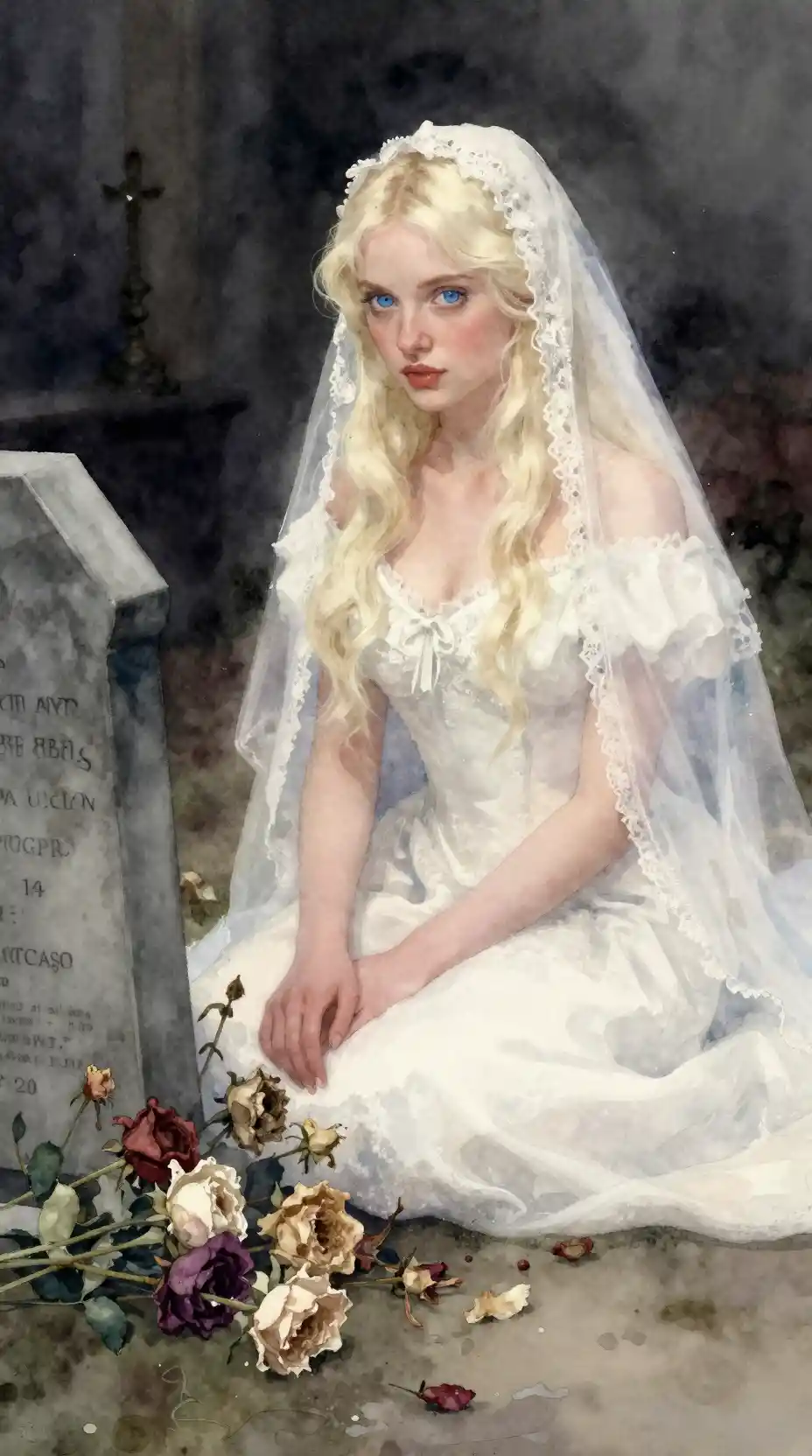 Mourning brides passing a tomb in a dark interior room