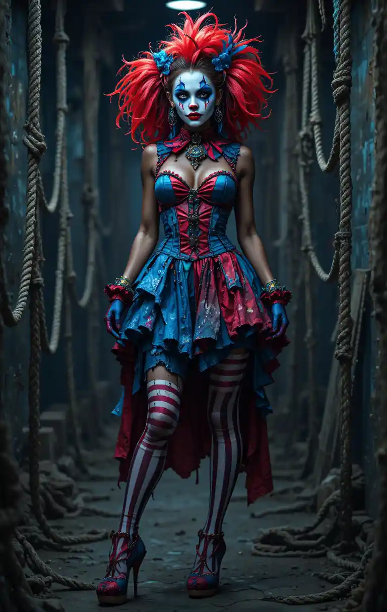 Dark skinned woman in eerie clown costume with ropes
