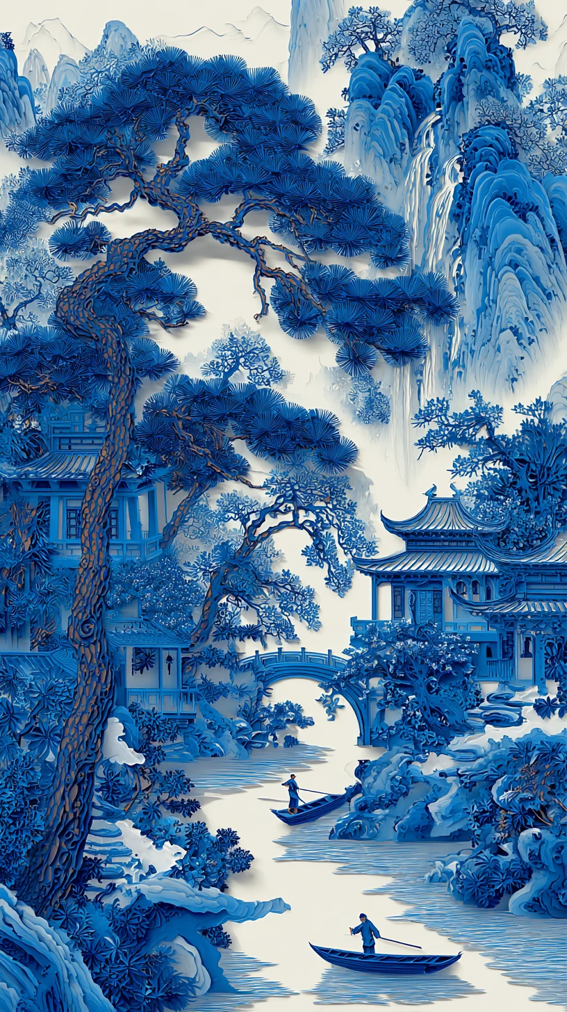 Arte en papel de paisaje chino azul y blanco con barcos