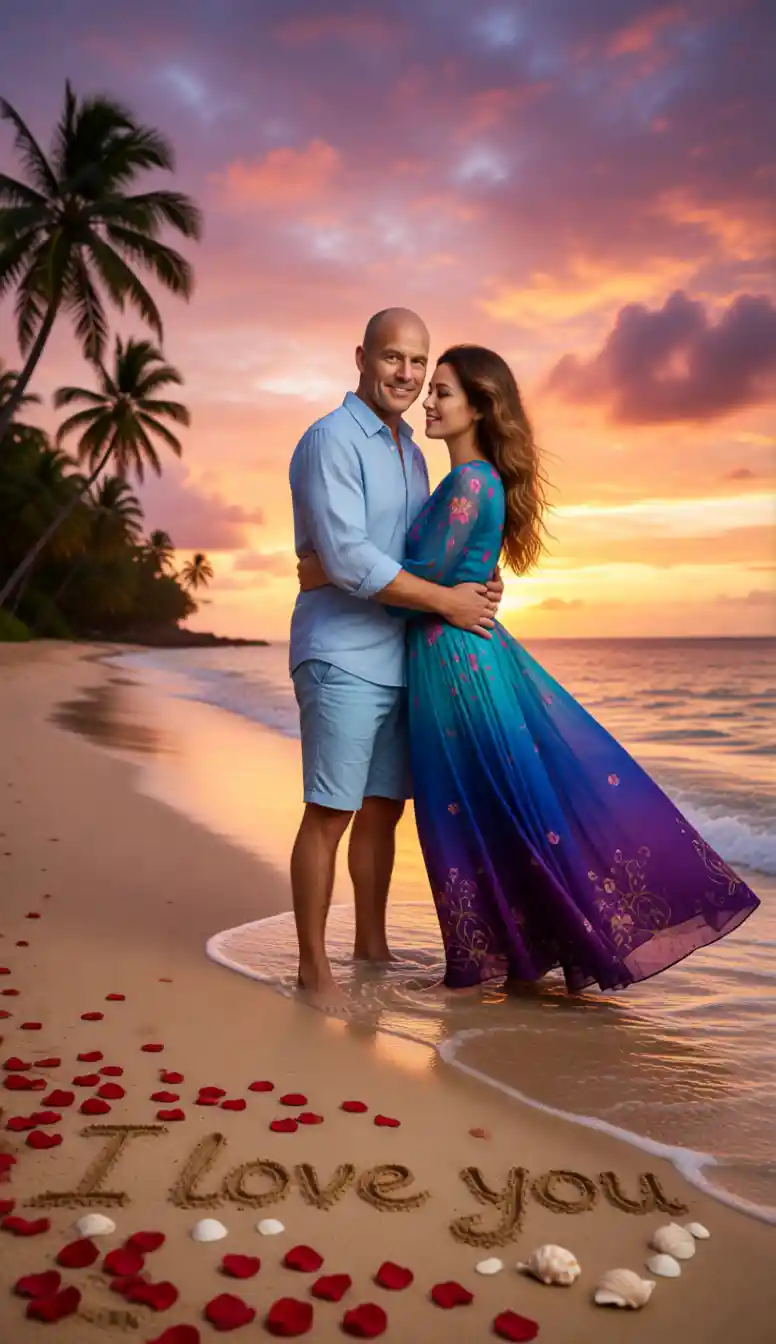 Loving couple embracing on a tropical beach at sunset