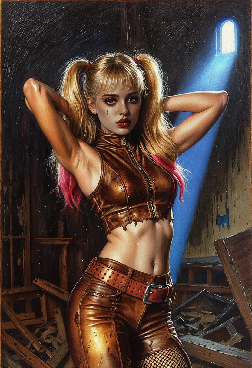 Blonde woman in leather pose under moonlit window