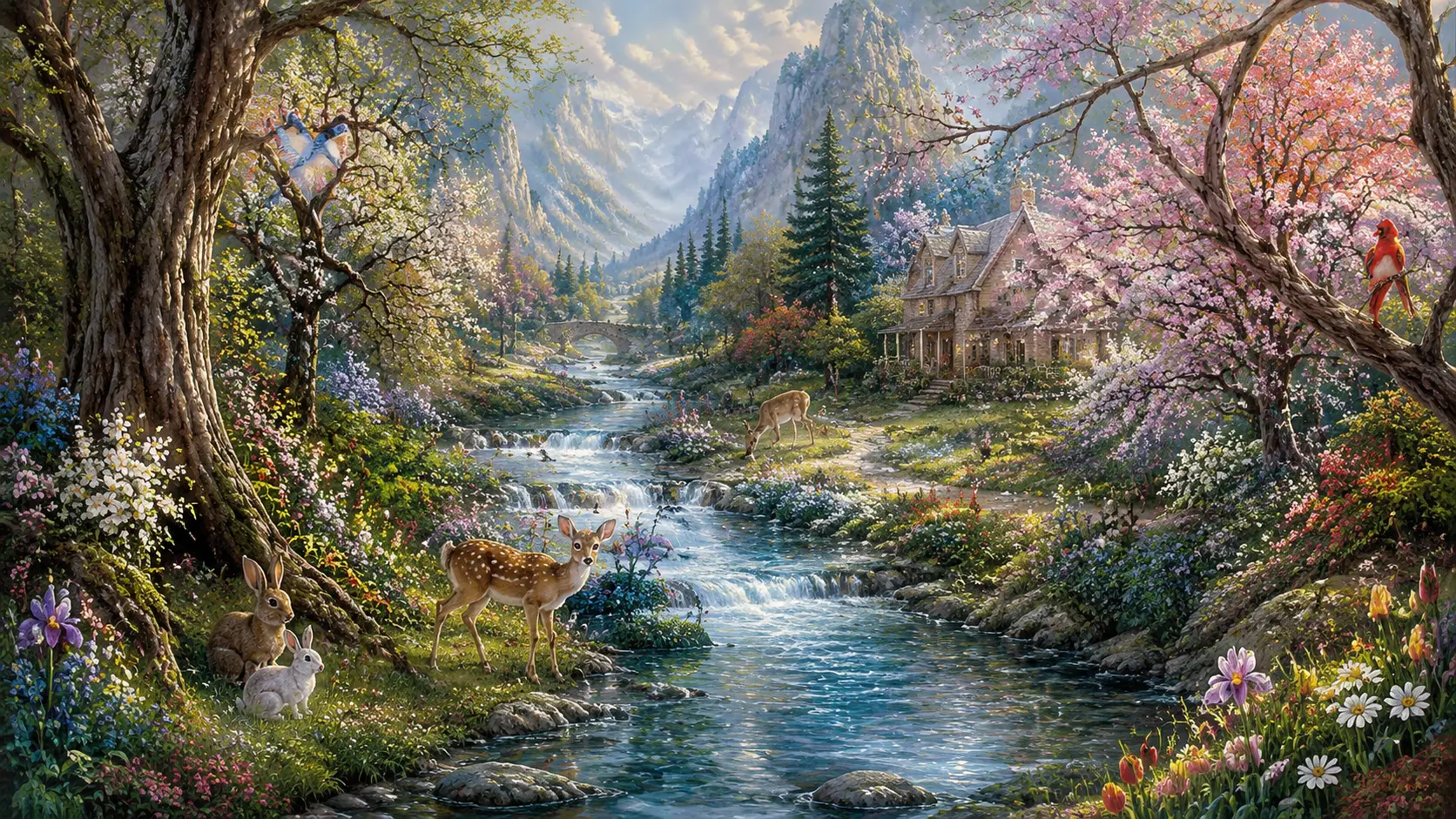 Surreal spring forest with a crystal stream and wildlife