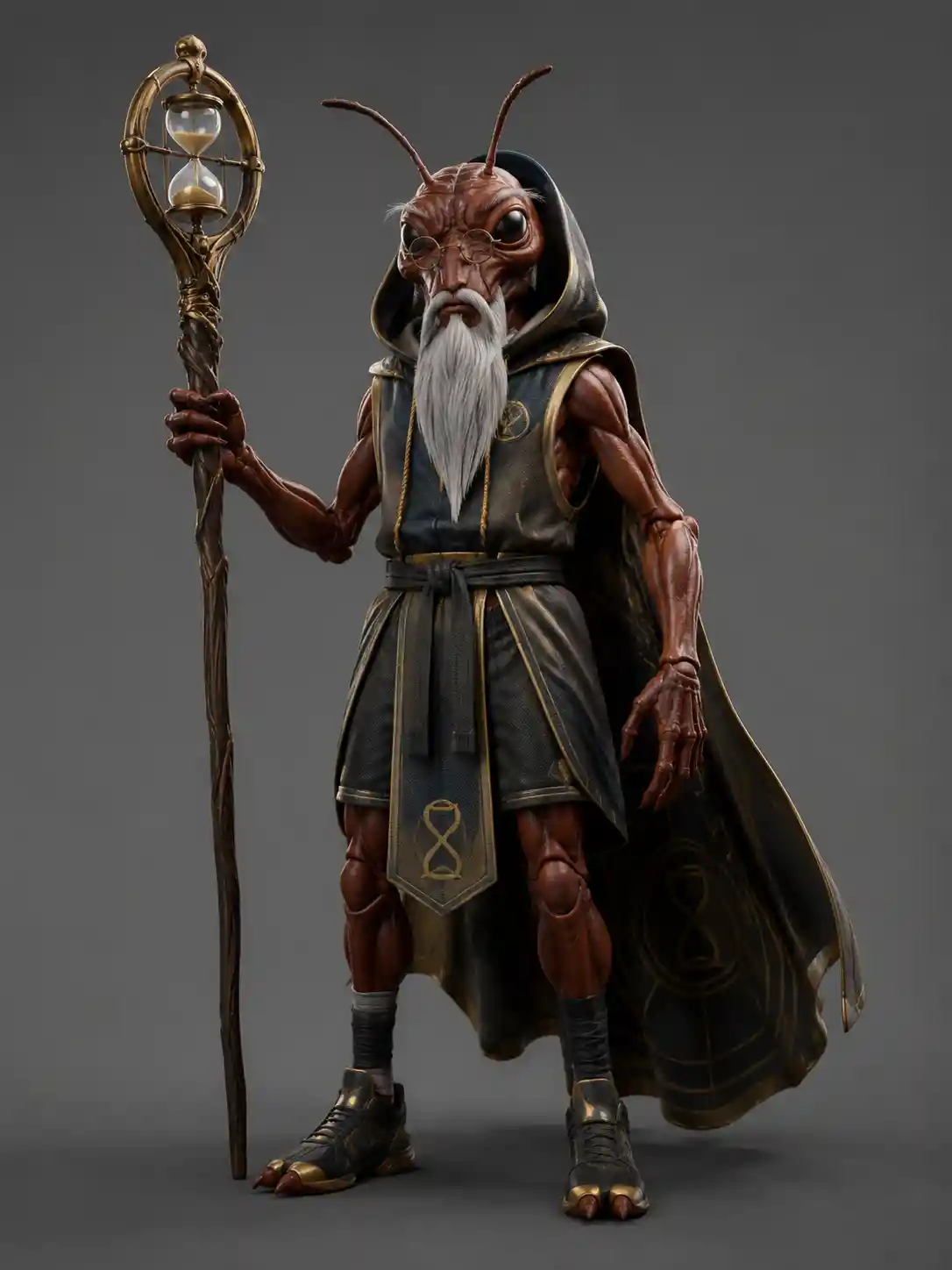 Wise ant humanoid wizard holding a staff on gray background