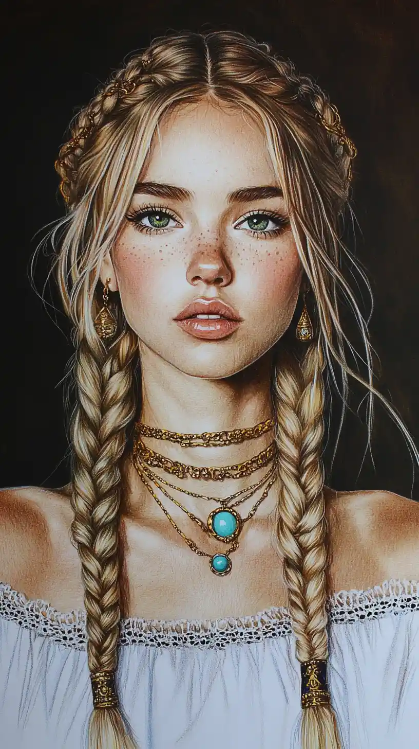 Young woman portrait with braided hair and gold jewelry
