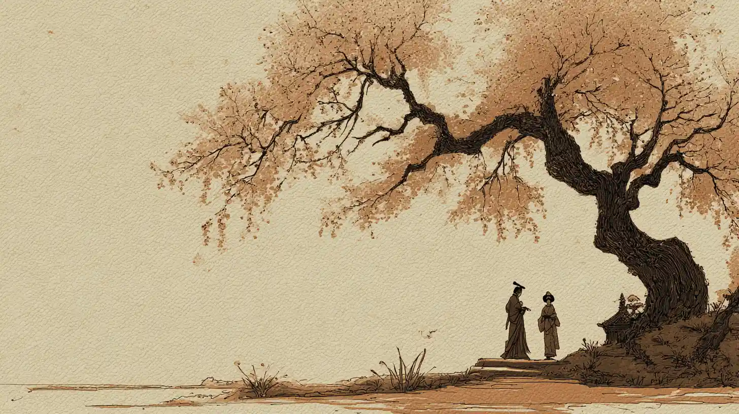 Vintage garden postcard with geisha and samurai in wind