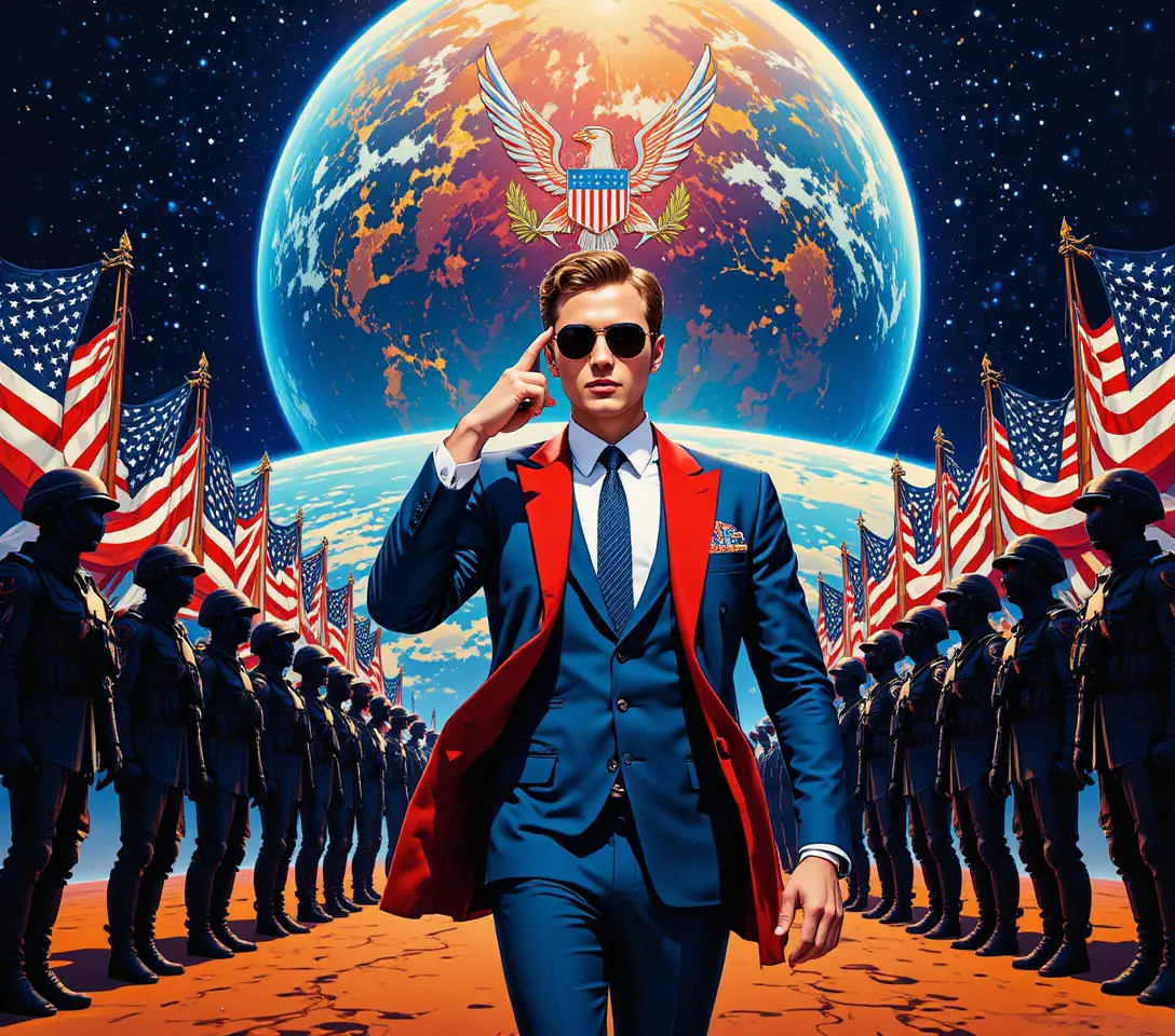 Determined businessman walking forward in cosmic patriotic scene
