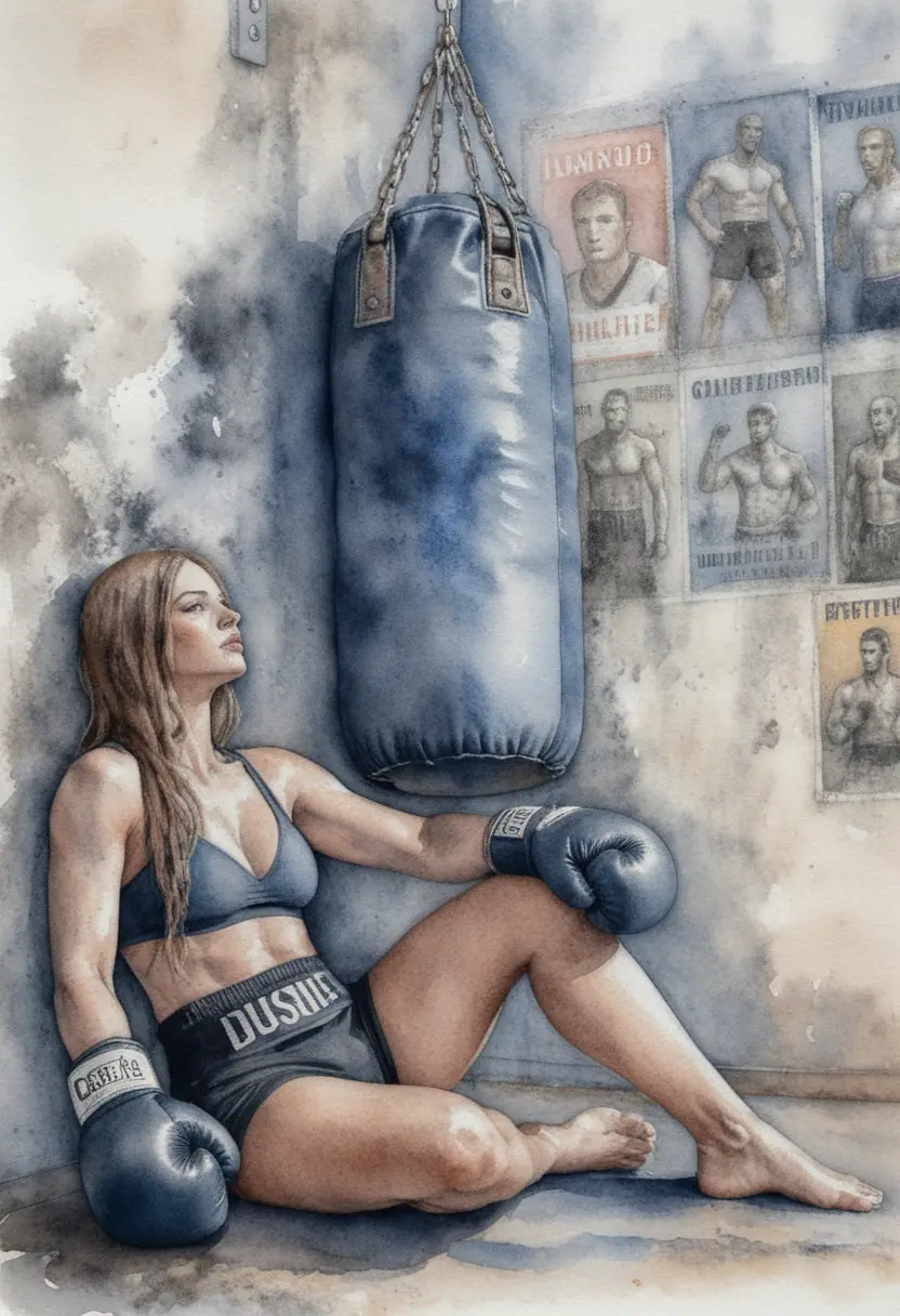 Exhausted female boxer resting on a gym floor
