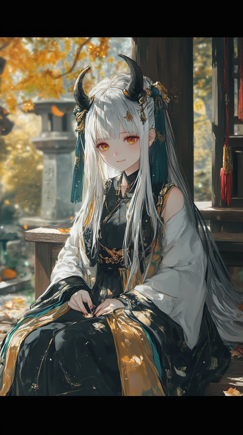 Sad horned girl before an ancient concrete forest temple