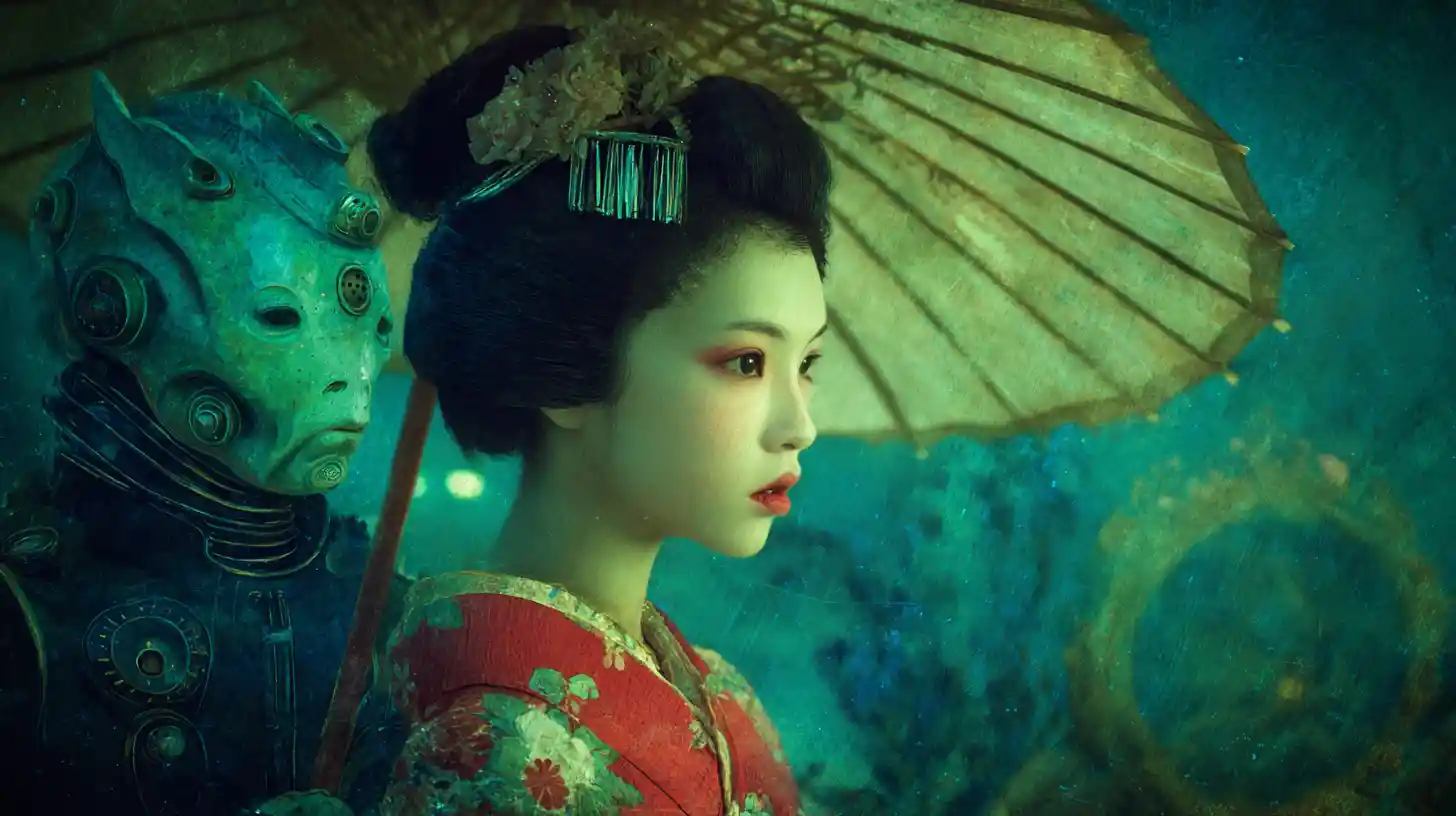 Surreal geisha like antagonist in a dreamy alien inspired scene