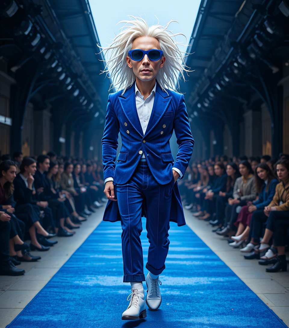 Stylish man in blue velvet suit on fashion runway