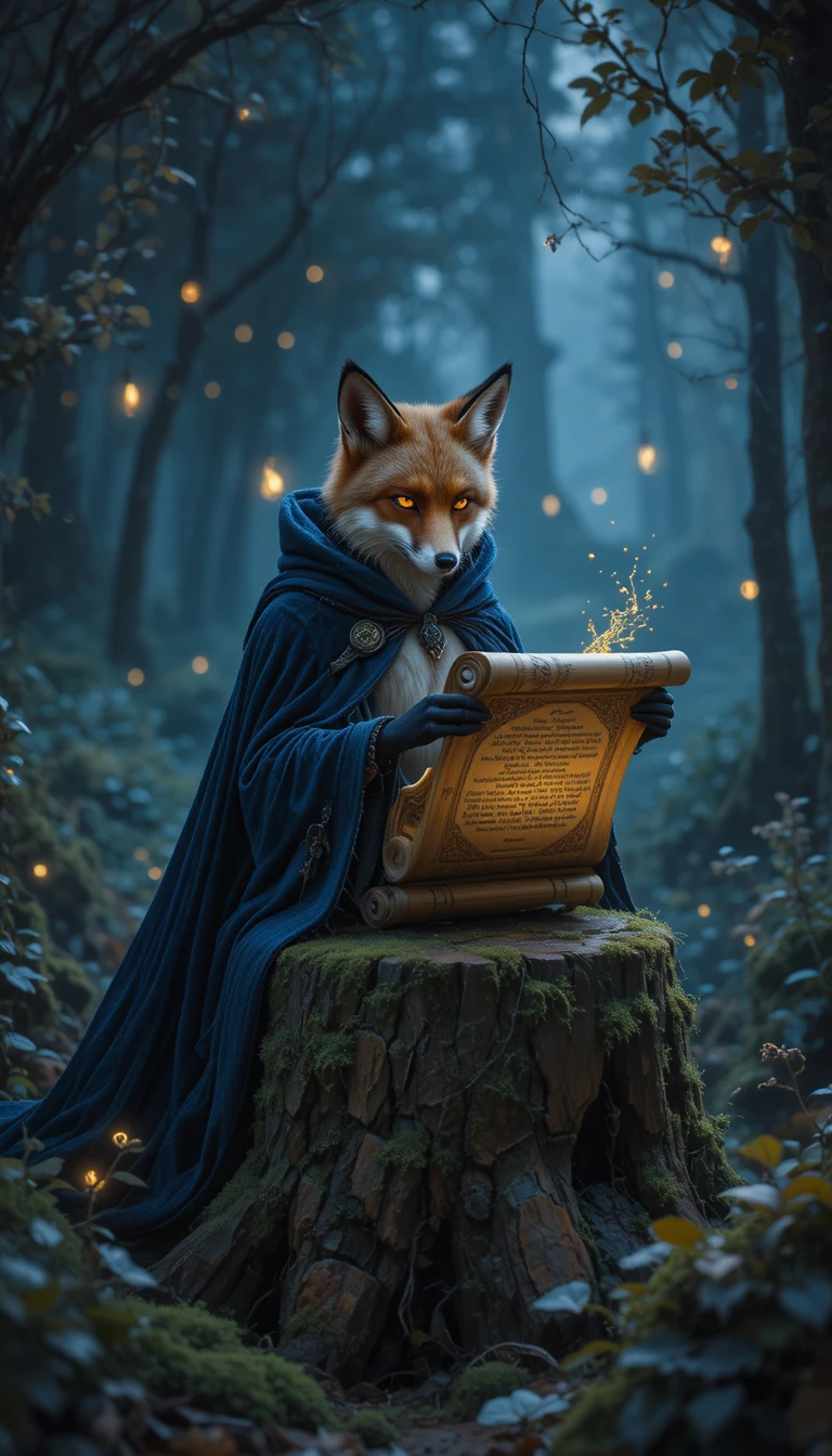 Anthropomorphic fox reading a scroll in glowing forest