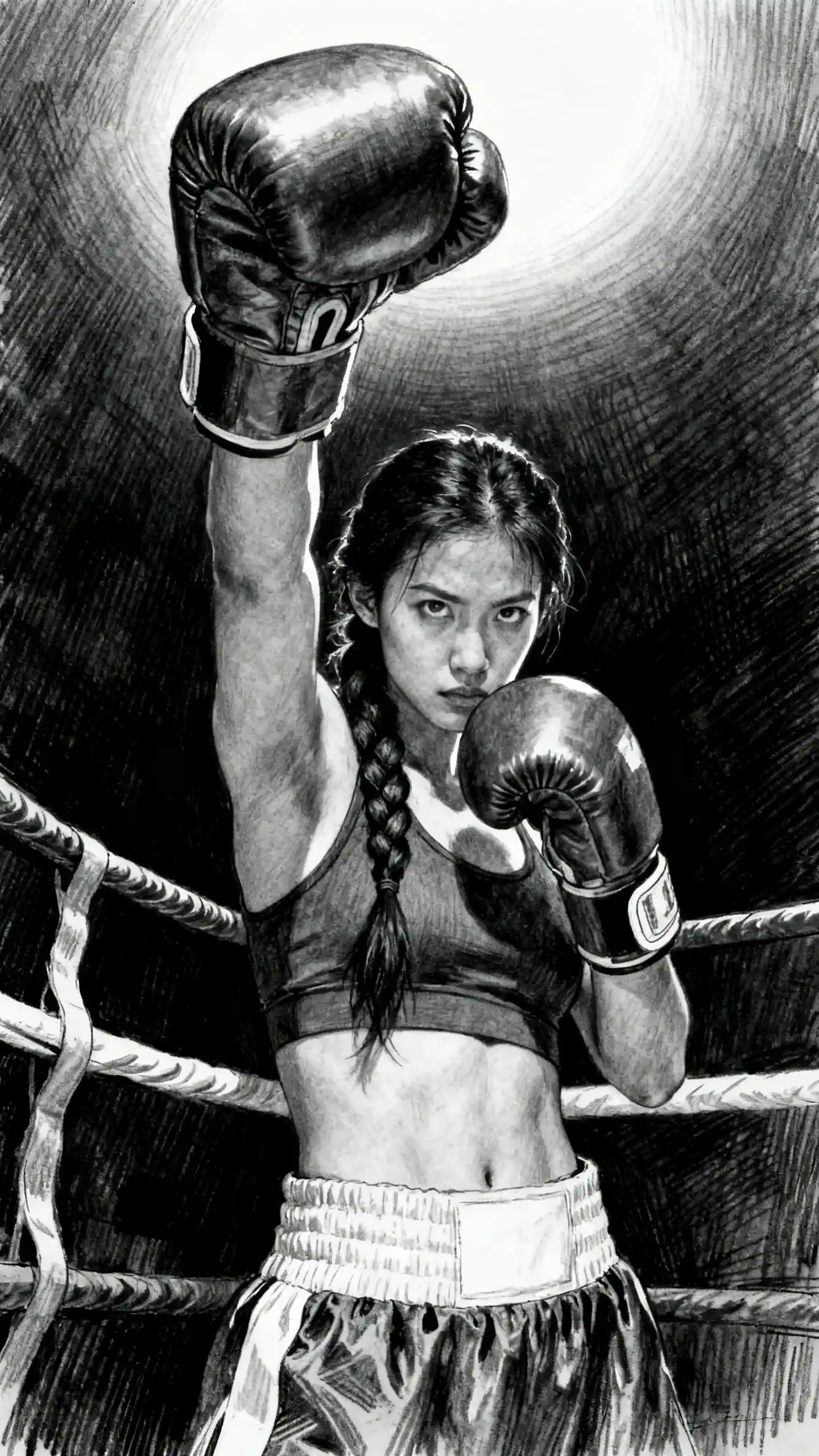 Female boxer raising a gloved fist in a boxing ring
