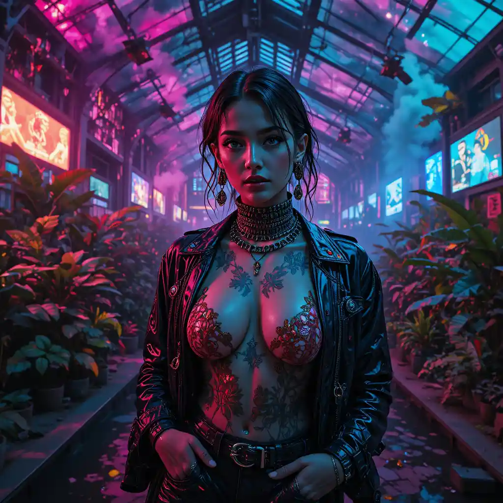 Confident woman in neon nightclub greenhouse after apocalypse