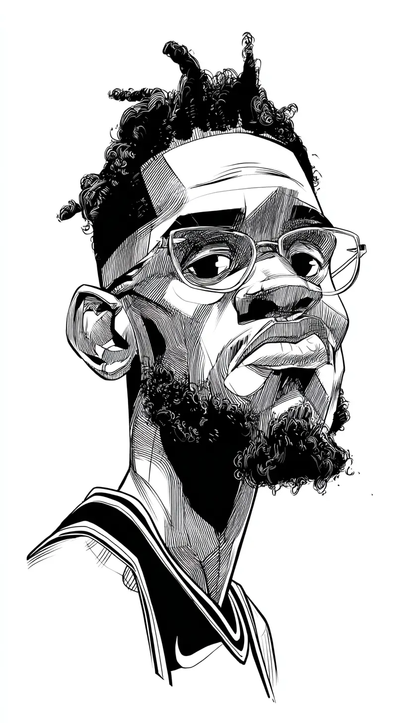 Karikatur eines Basketballspielers in schwarzer Tinte, schwarz-weiß