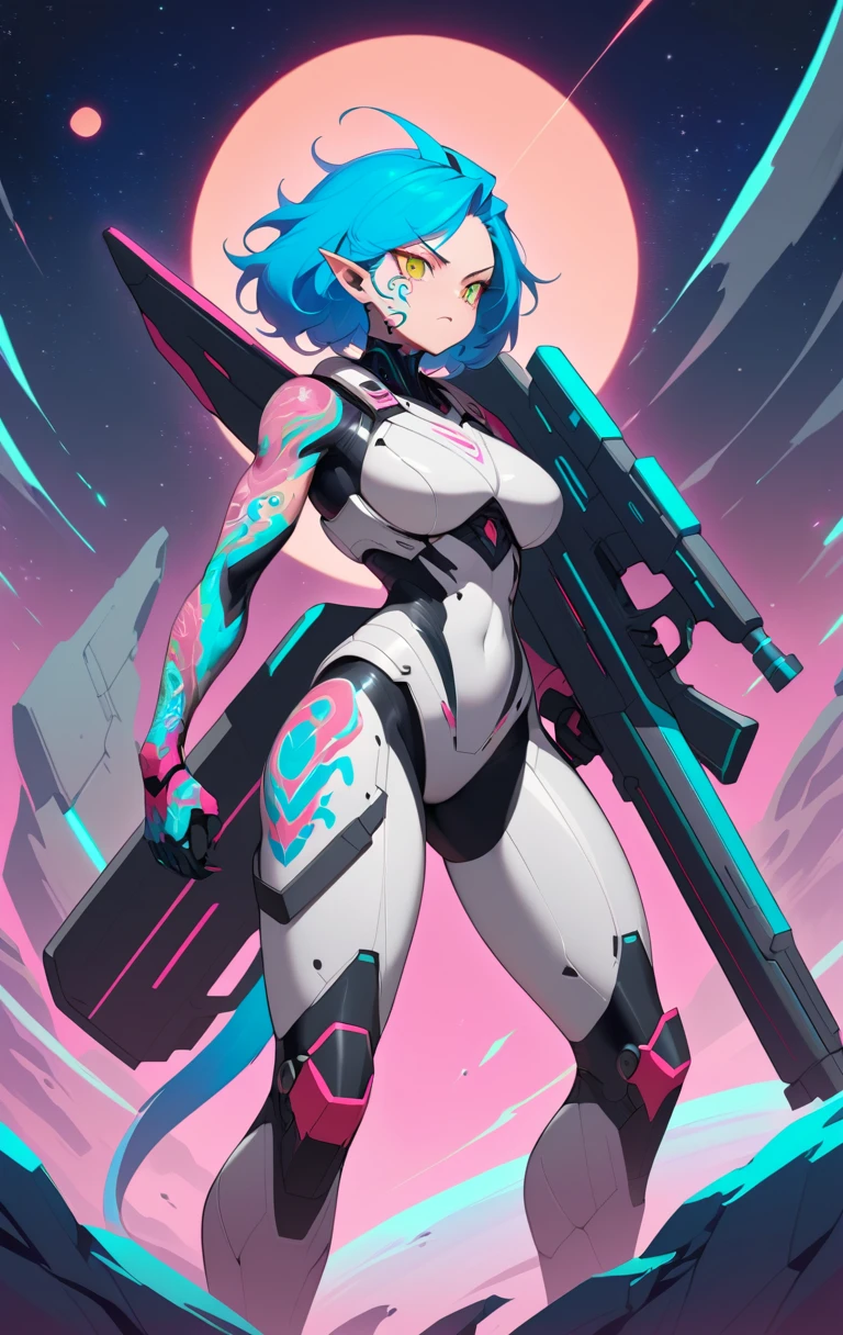 Blue haired female warrior with rifle and battered armor