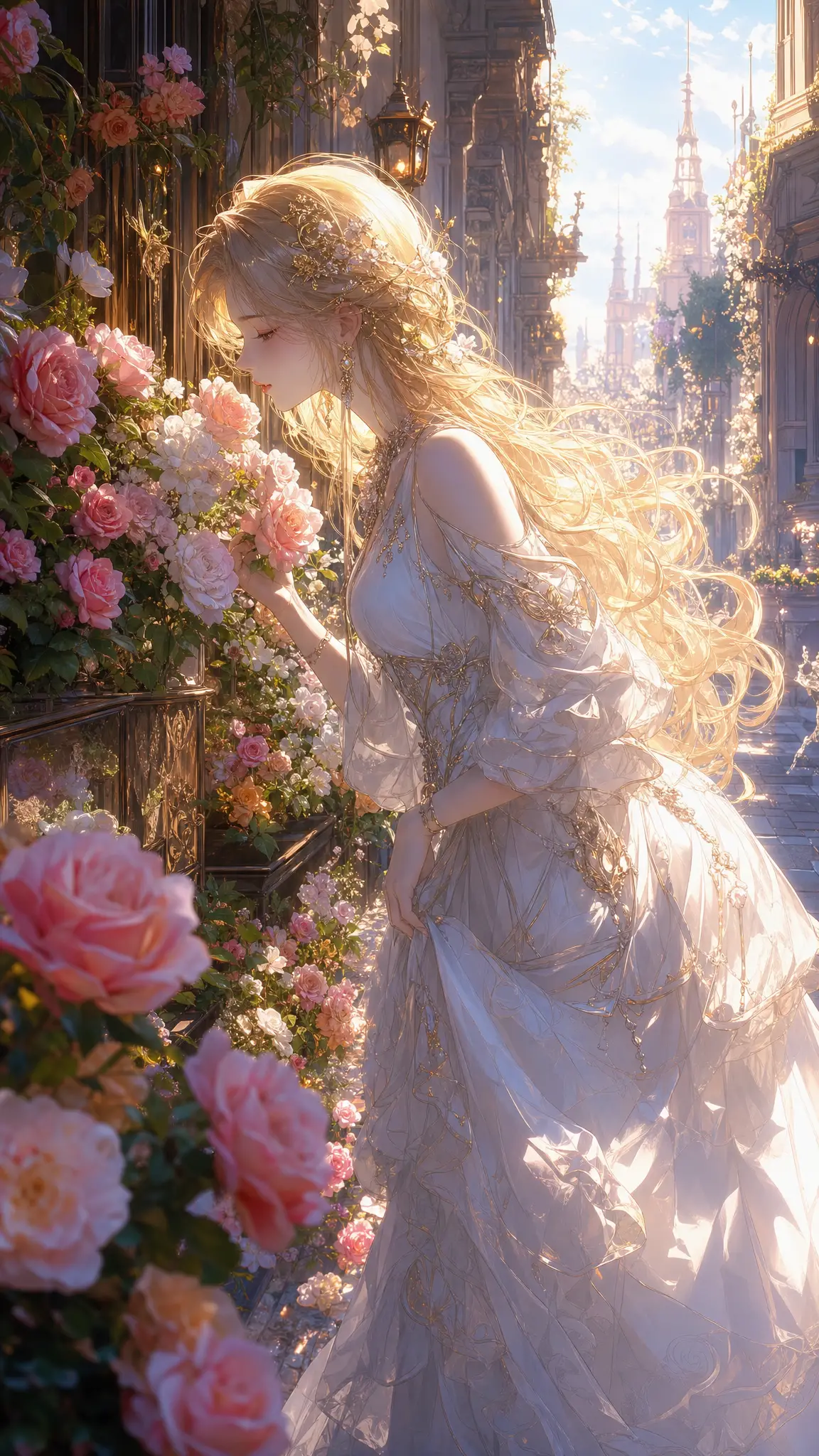 Royal maiden walking through a glowing fantasy flower alley