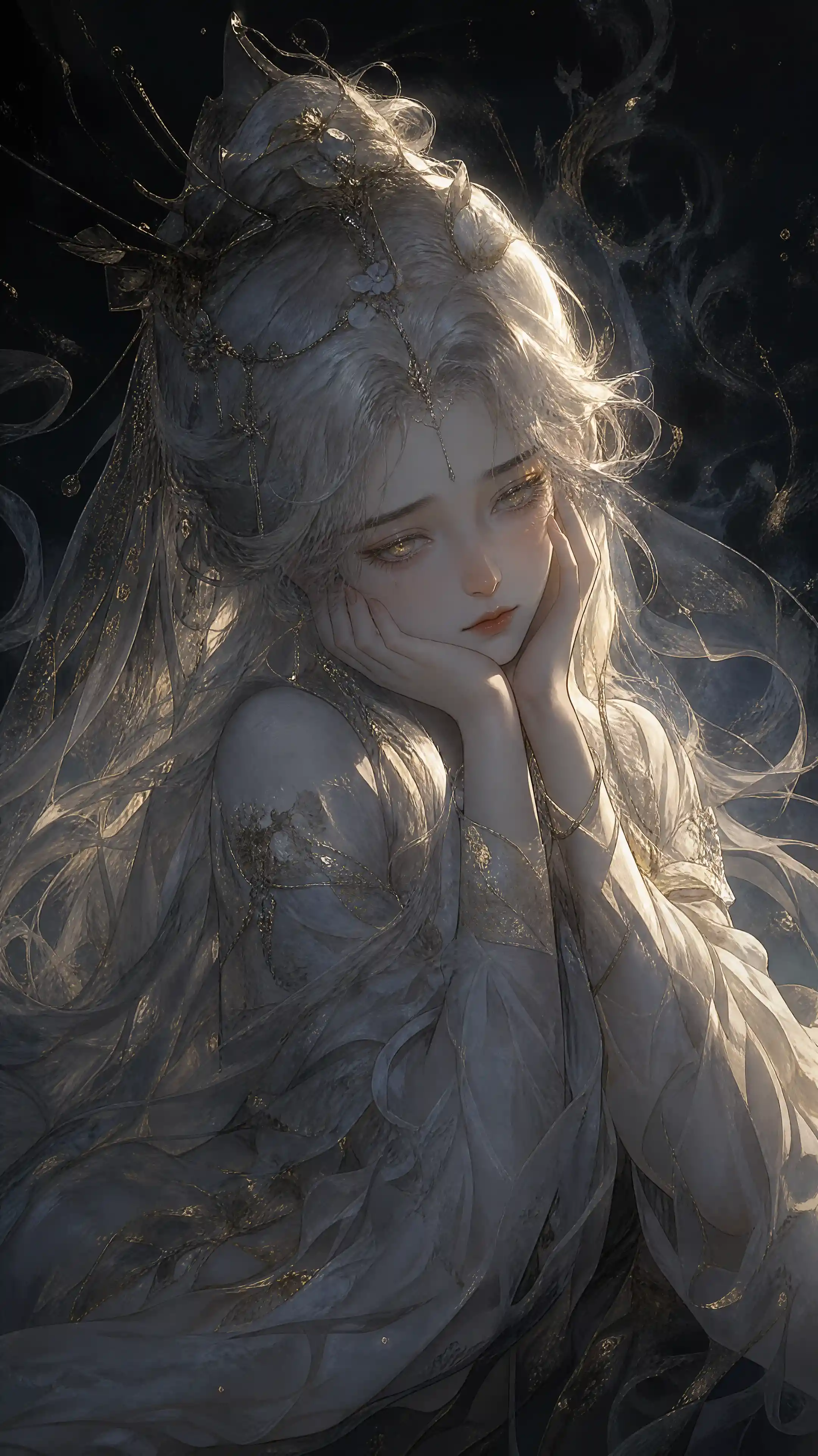 Melancholic girl with glowing hair in dark ethereal portrait