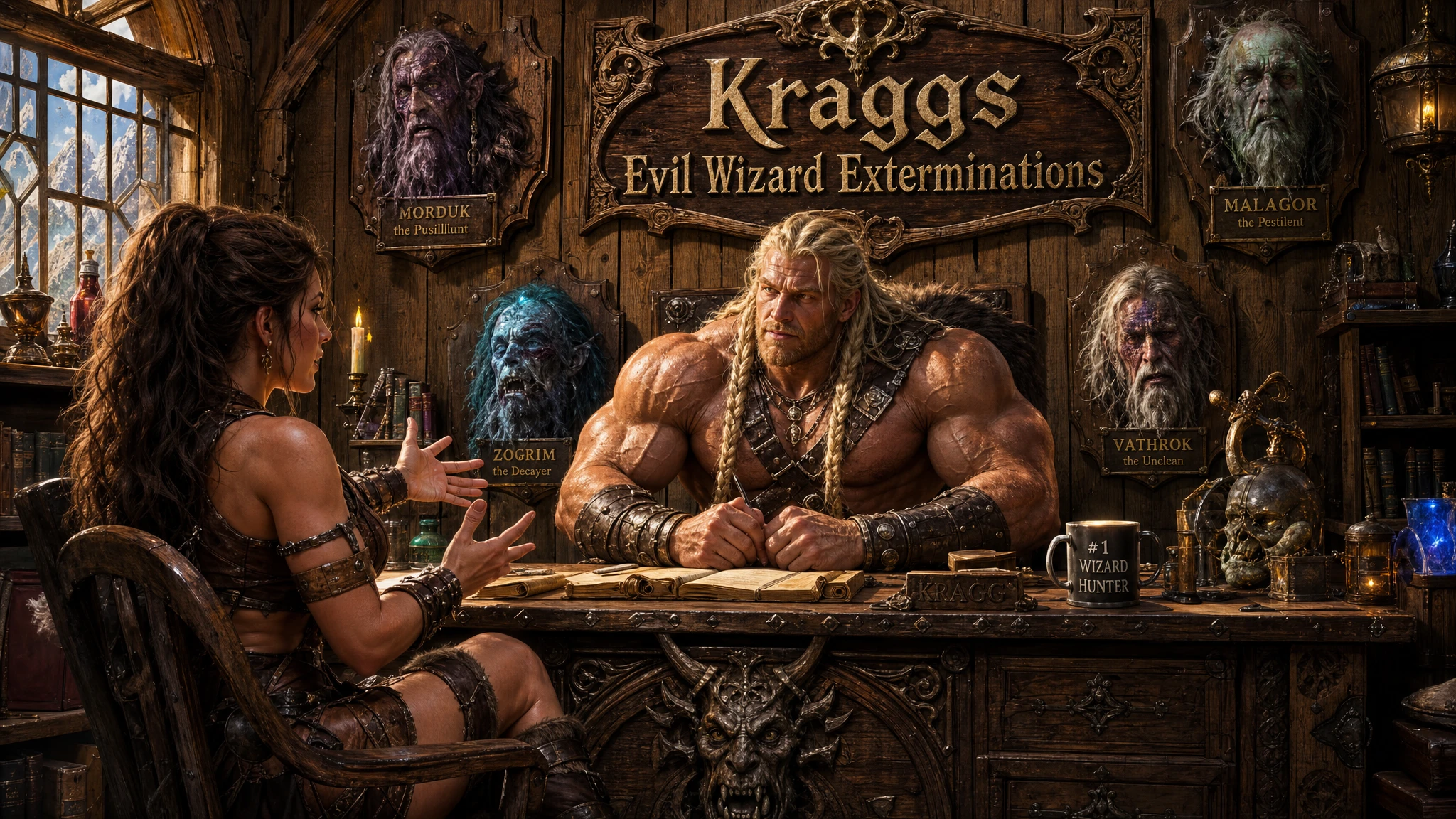 Barbarian exterminator interviewing client at wooden office desk