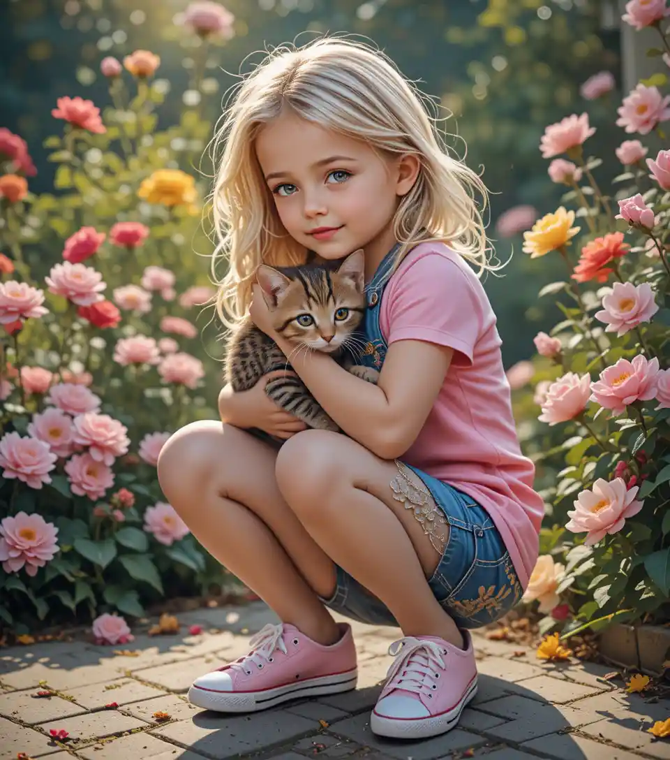 Adorable fille blonde tenant un chaton dans un jardin fleuri