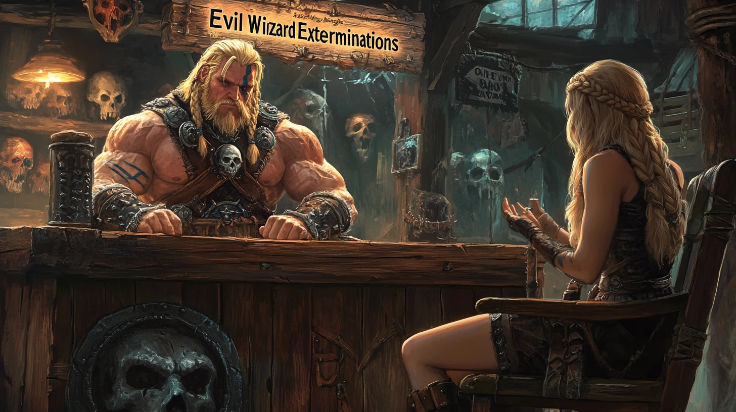 Barbarian warrior at a desk in a colorful fantasy office