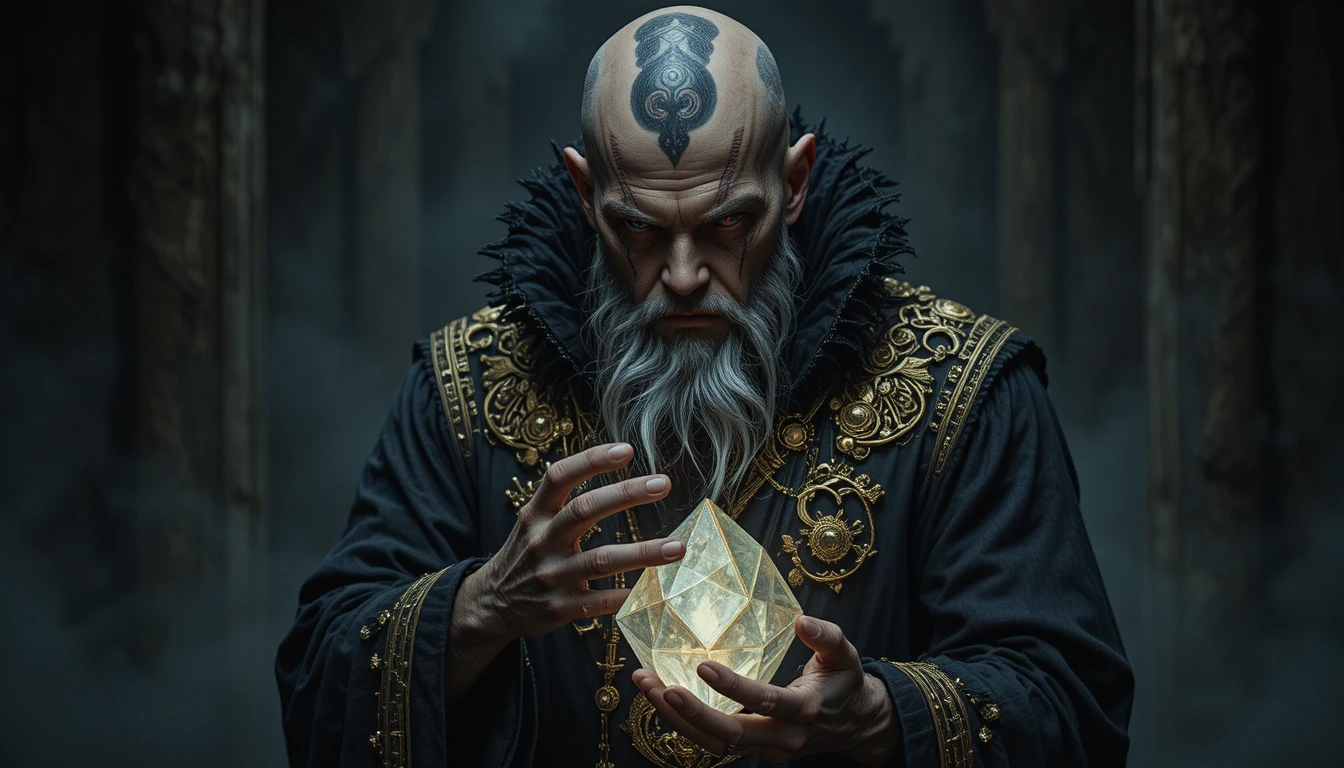 Mystical bald man holding glowing geometric crystal object