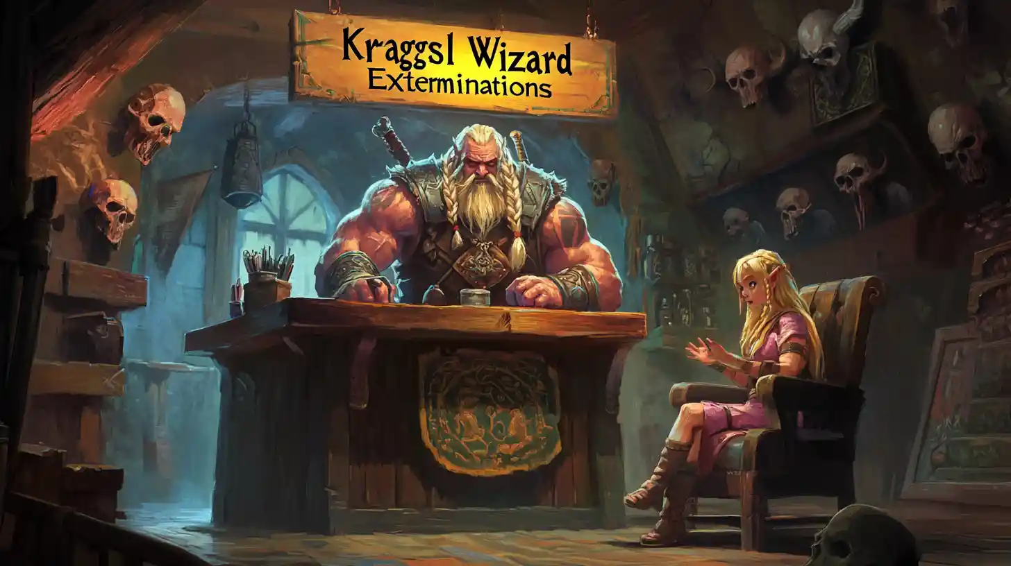Barbarian warrior at a handcrafted desk in fantasy office