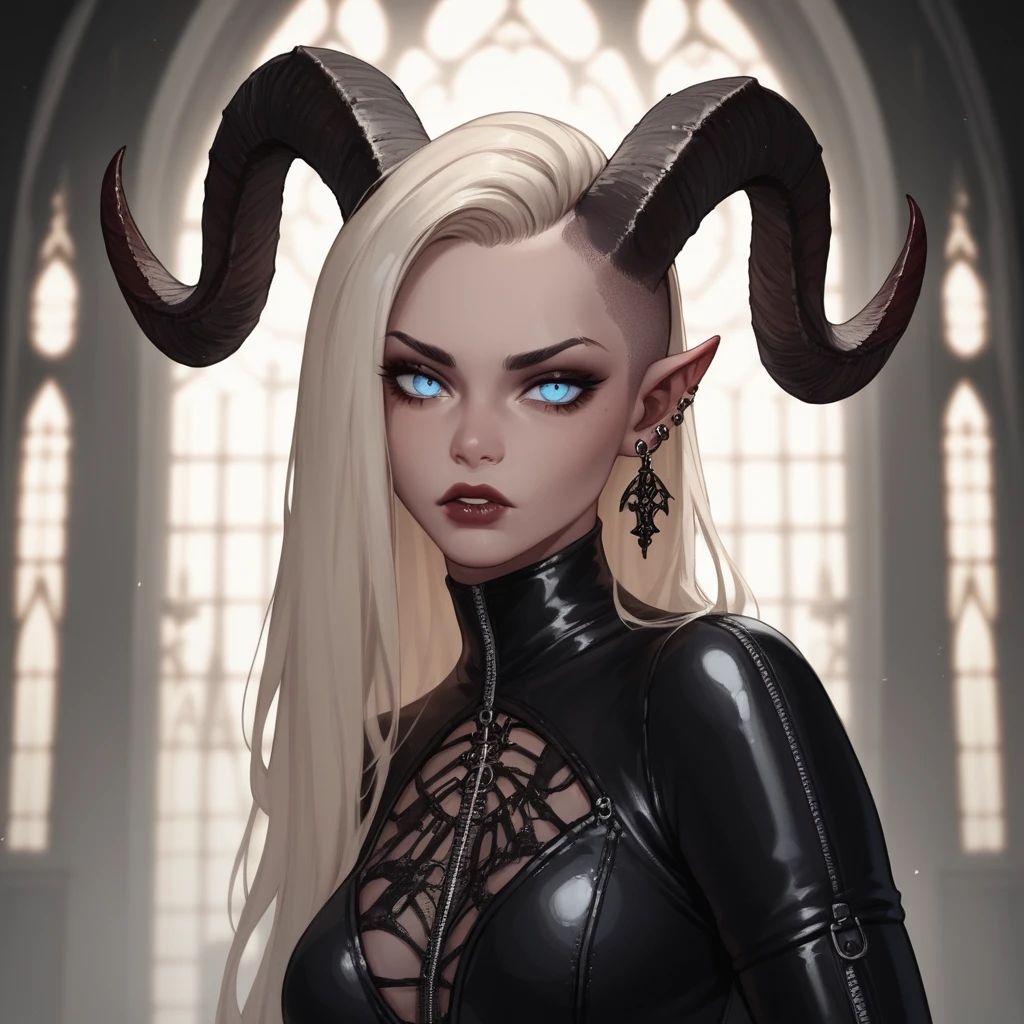 Gothic tiefling woman before an ancient cathedral