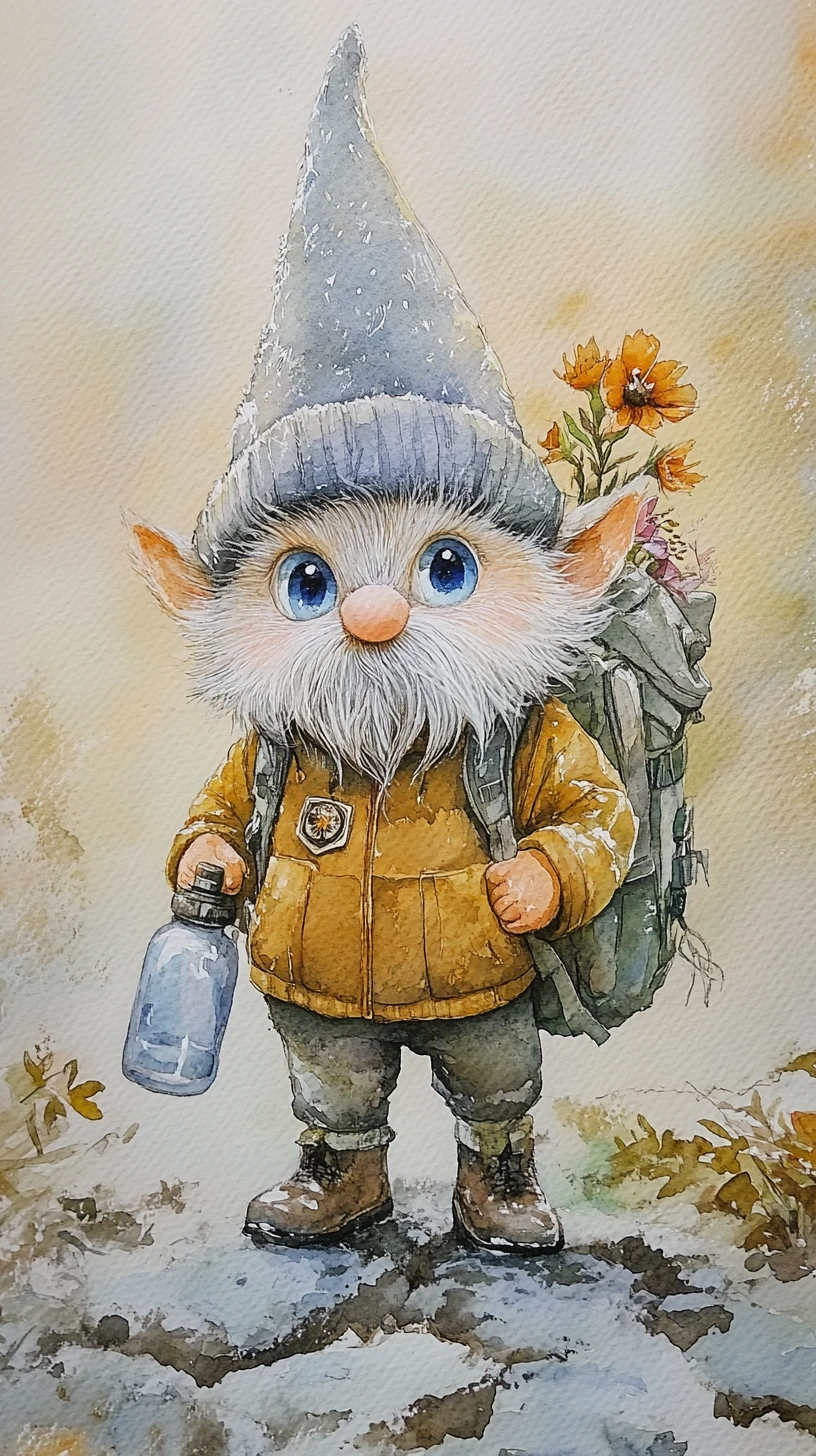Cute gnome with backpack in a snowy watercolor scene
