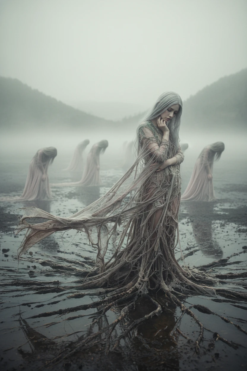 Ethereal women in a misty waterlogged dreamscape