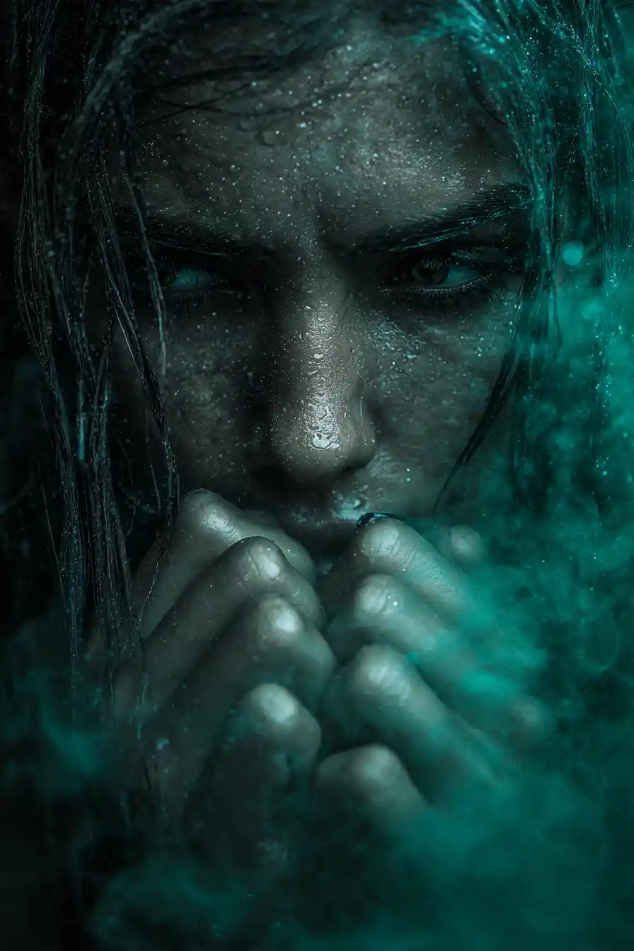 Tormented woman underwater in haunting cinematic close up