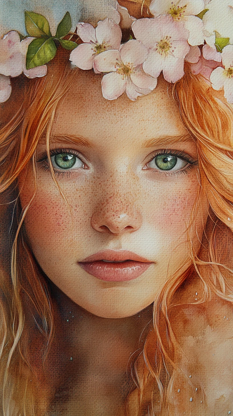 Chica pelirroja rubia con pecas en retrato acuarela etéreo