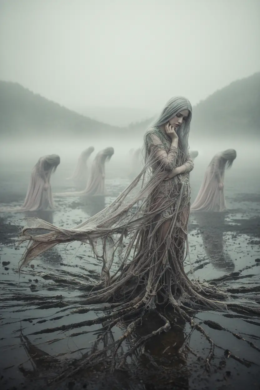 Ethereal women in a misty waterlogged dreamscape