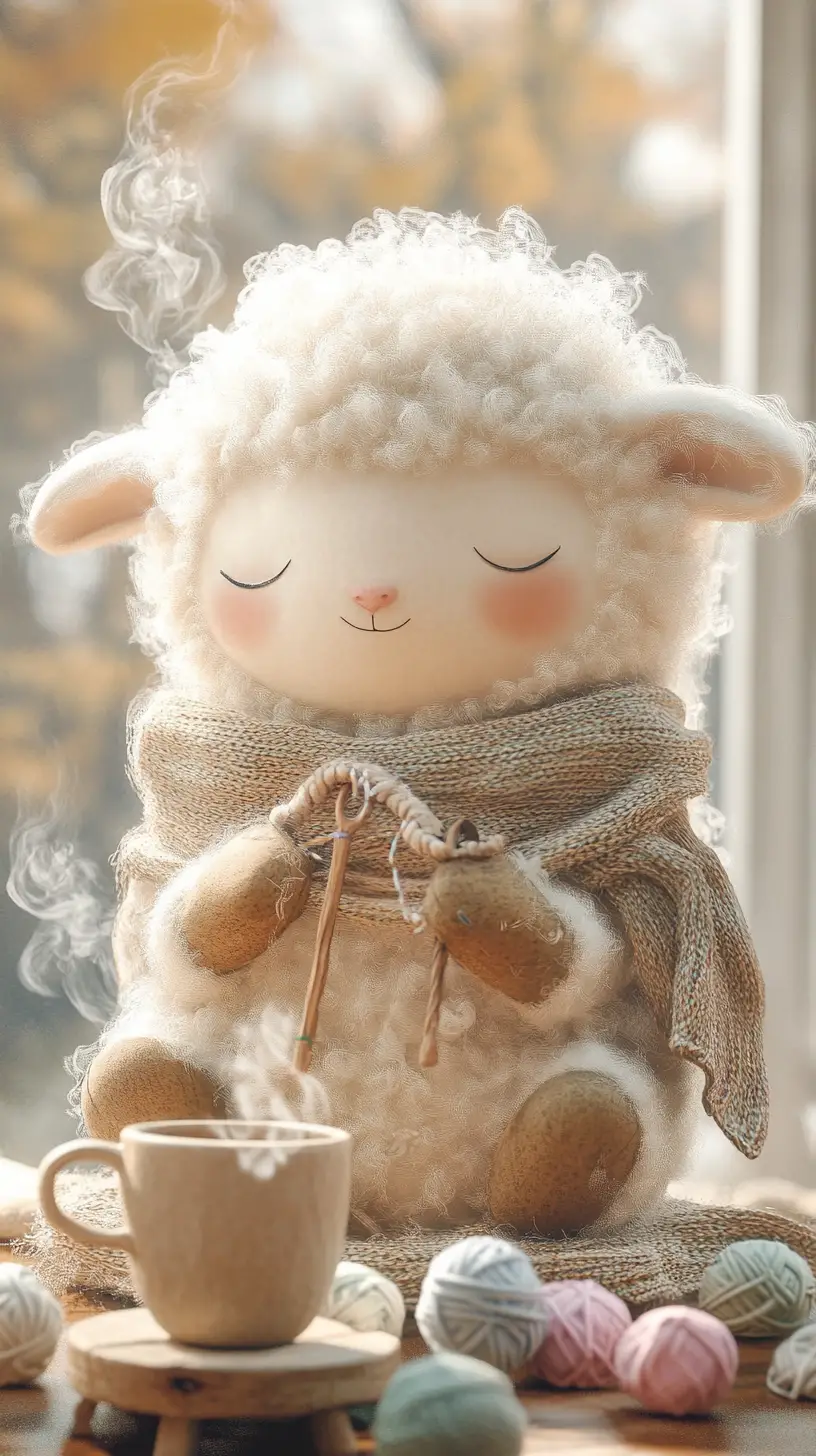Cute anthropomorphic sheep knitting in a cozy room