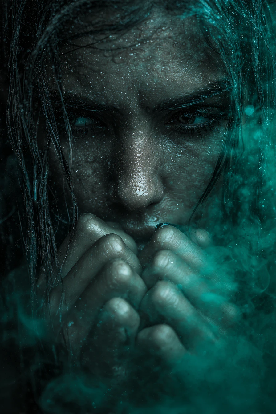 Tormented woman underwater in haunting cinematic close up
