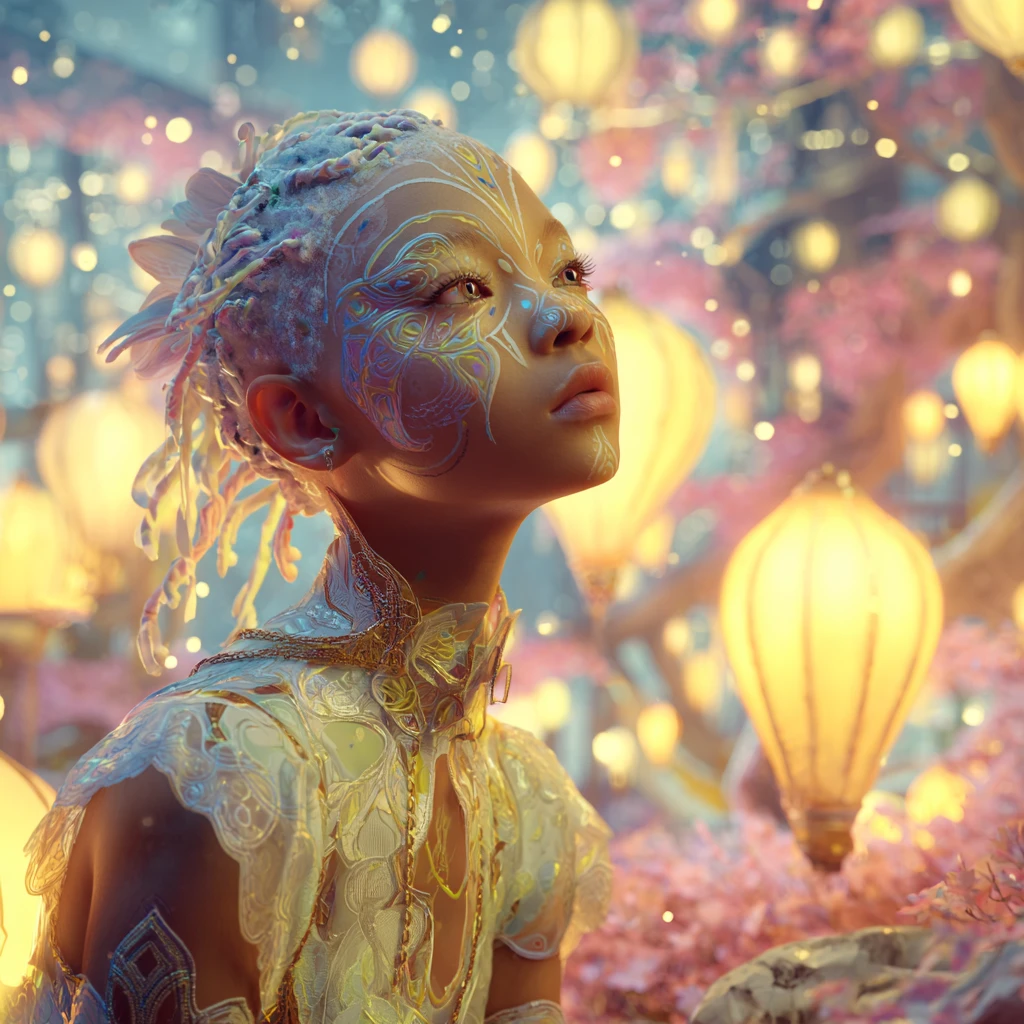 Princesa zulú bioingenierizada en escena de fantasía luminosa y de ensueño