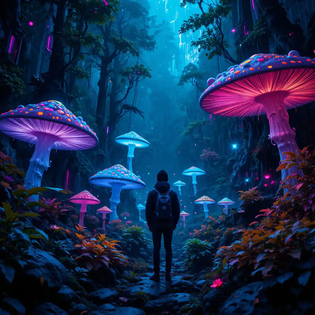 Bioluminescent mushrooms glowing in a surreal jungle forest