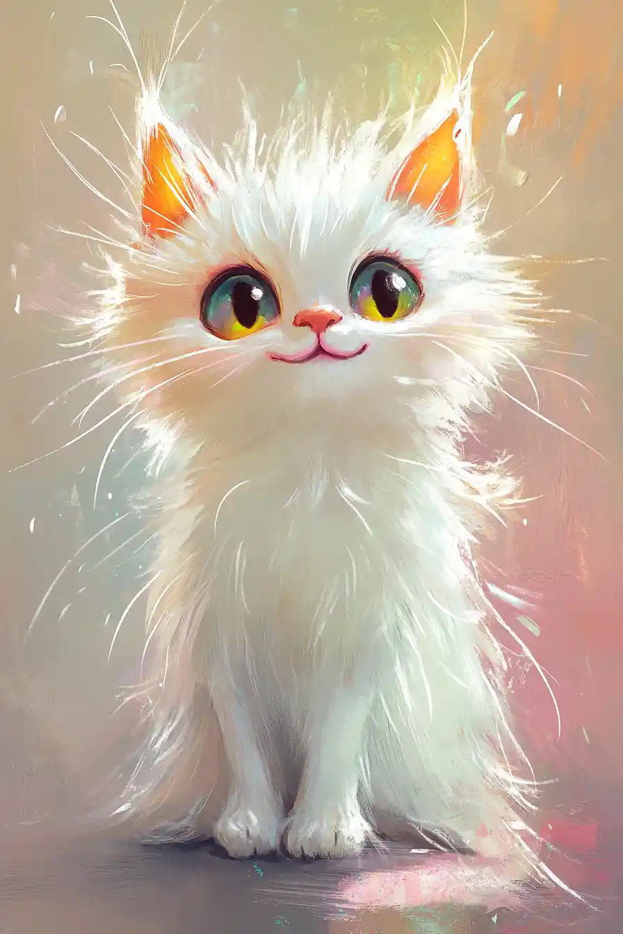 Whimsical fluffy cat with bright expressive round eyes
