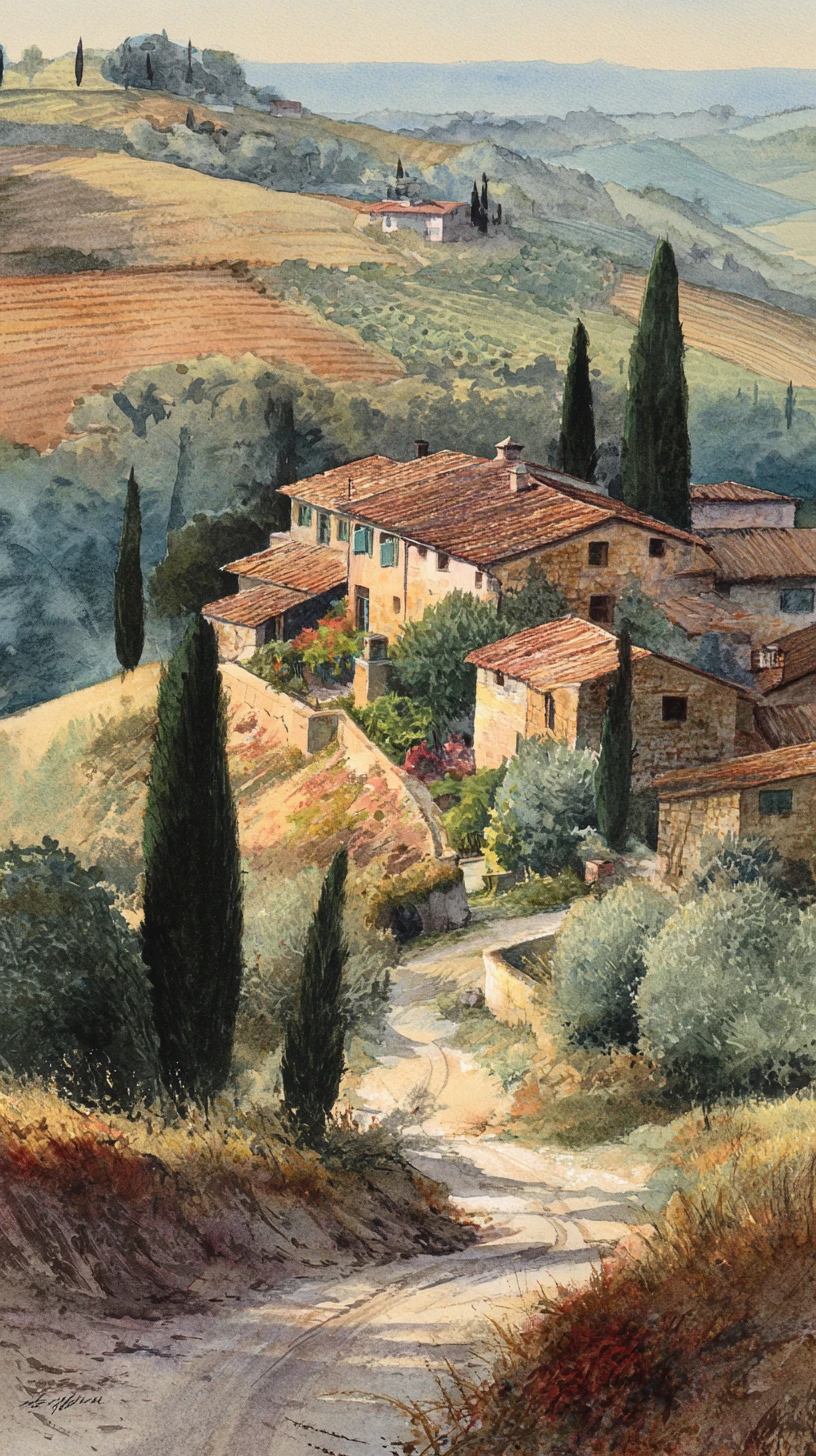 Watercolor Tuscan hills with rustic stone houses and road