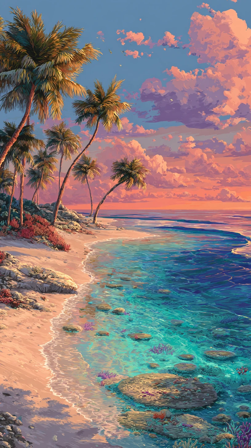 Peaceful 3D tropical beach landscape at sunrise