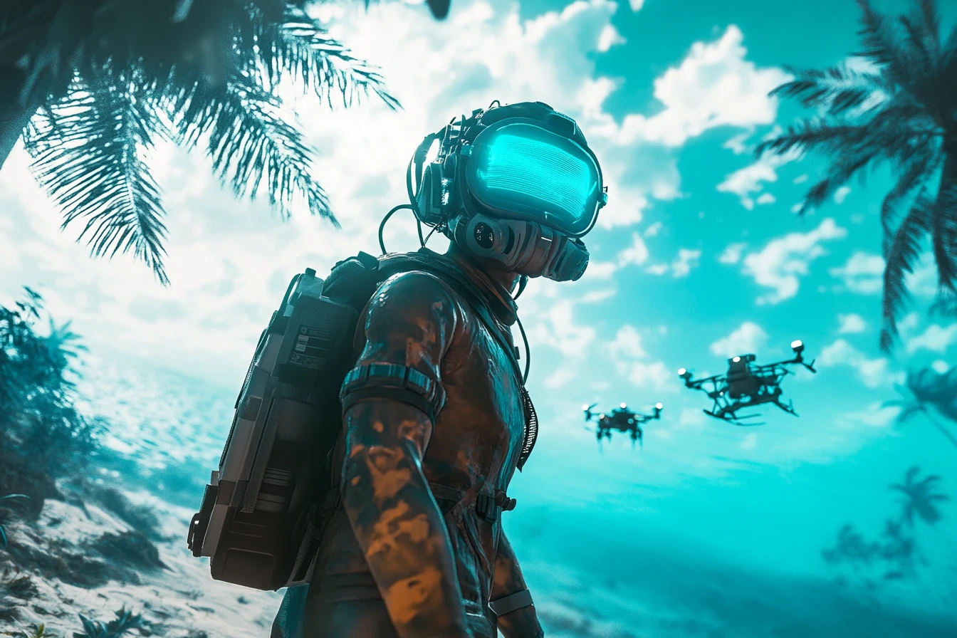 Futuristic Climate Survivor Woman On Flooded Neon Island