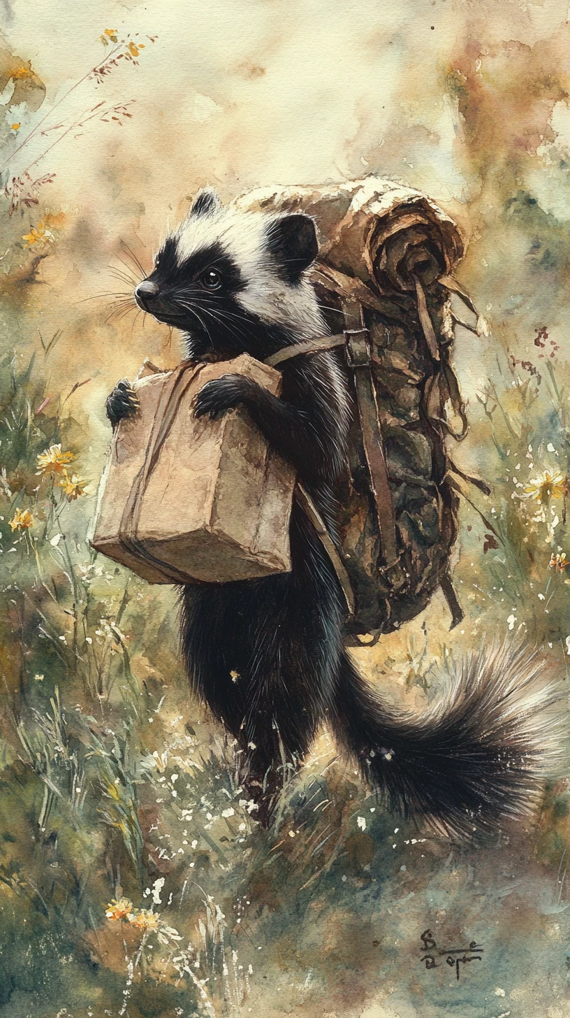 Watercolor skunk trader walking with a worn parcel