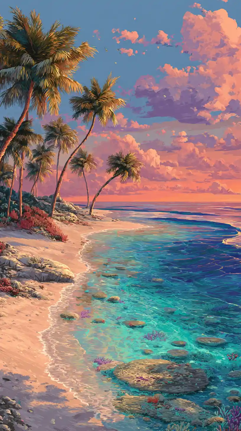 Friedliche 3D-Strandlandschaft in den Tropen bei Sonnenaufgang