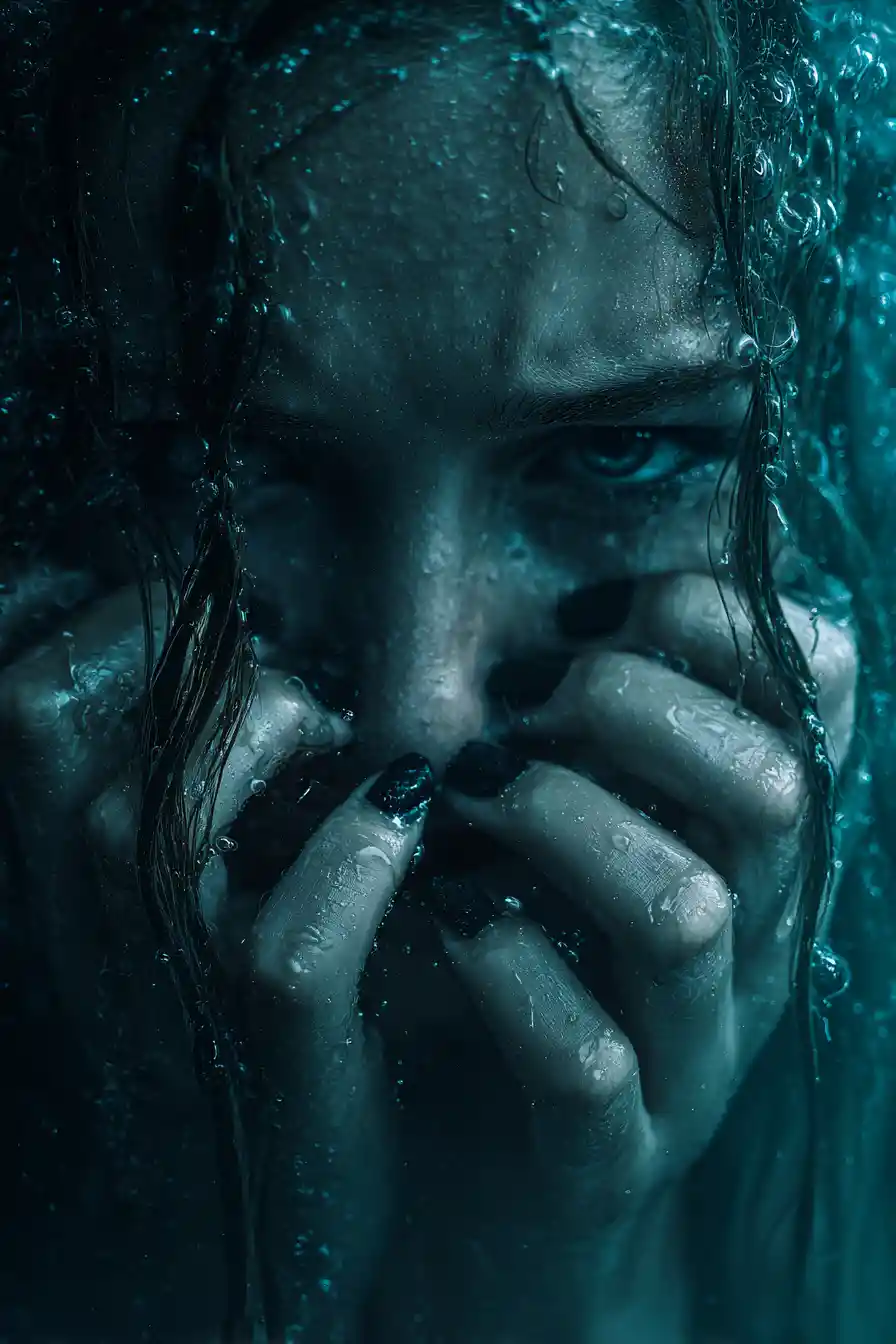 Tormented woman underwater in cinematic extreme close up
