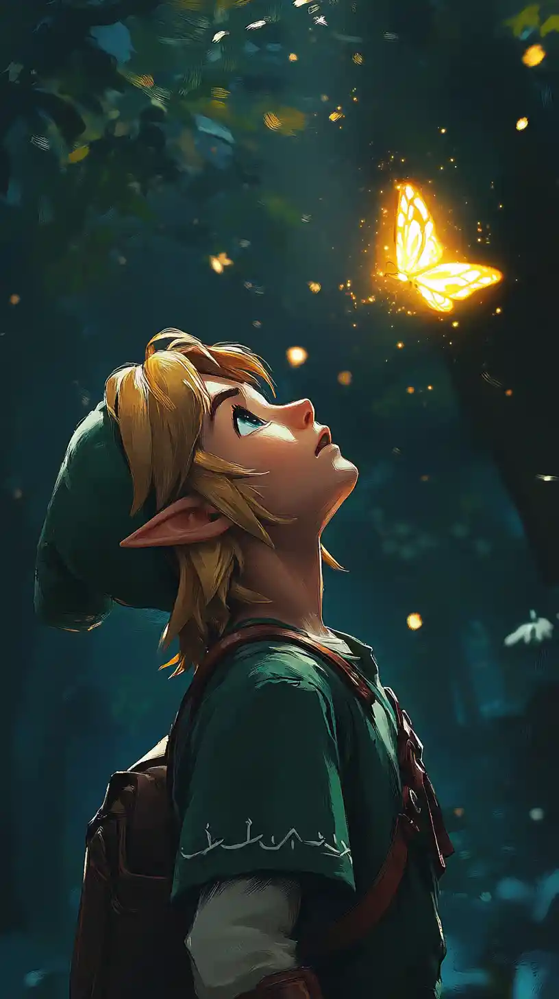 Young hero gazing at glowing butterfly in mystic forest