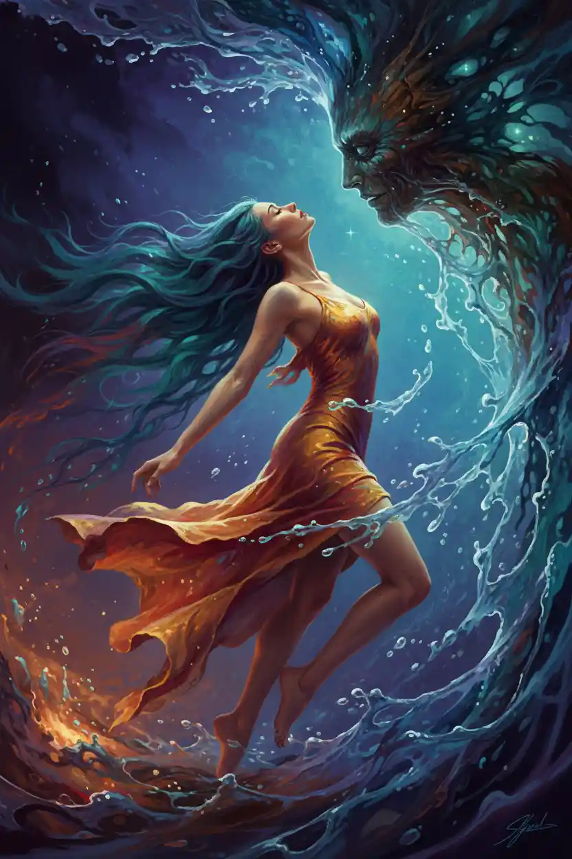 Ethereal woman arched in swirling elemental cosmic currents