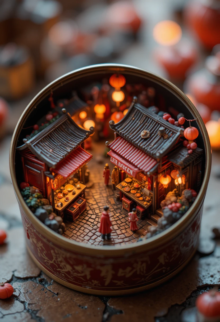 Mercado Nocturno de Farolillos Chinos en Miniatura en Lata de Té