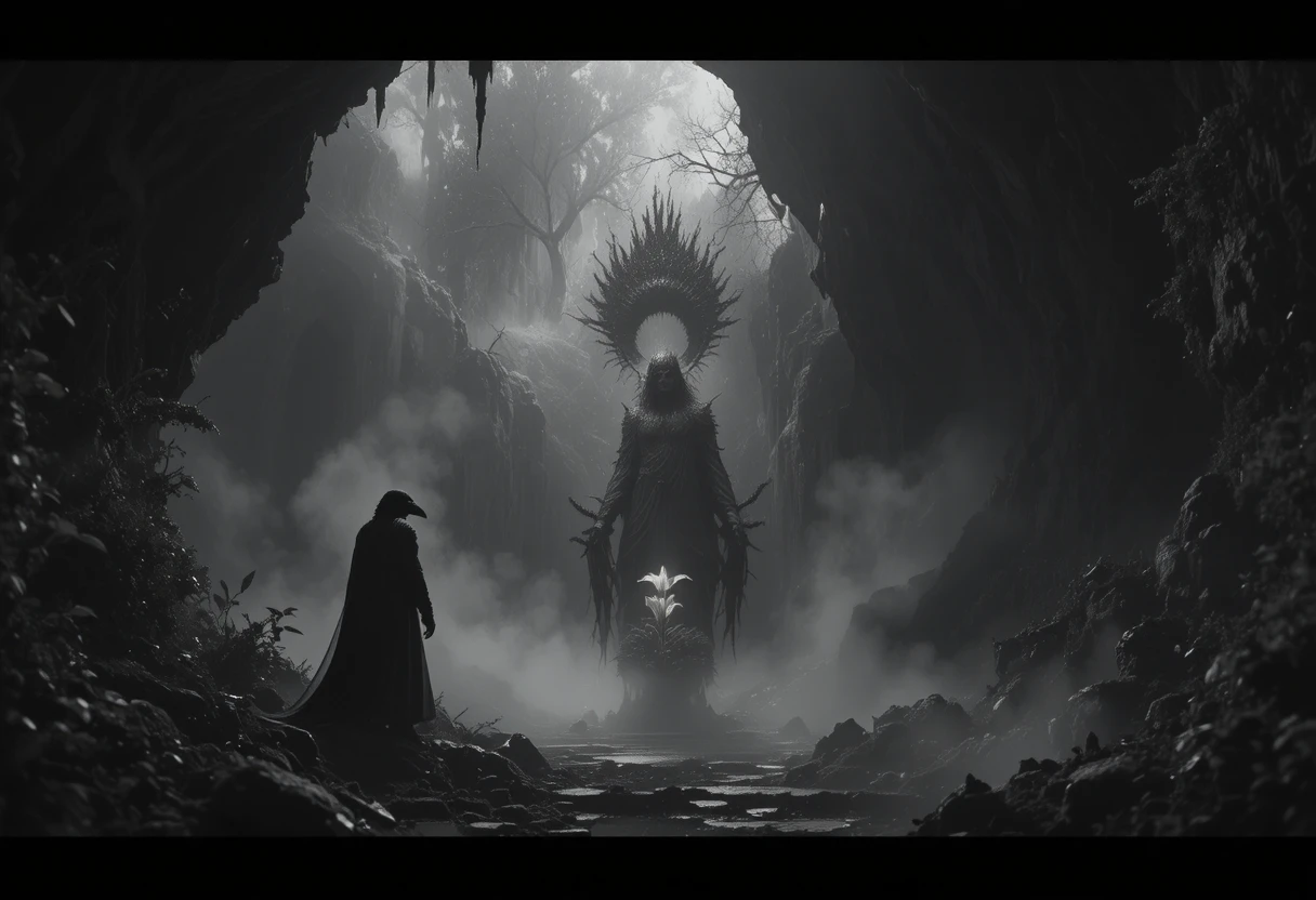 Mythic gods meeting in a misty underworld landscape