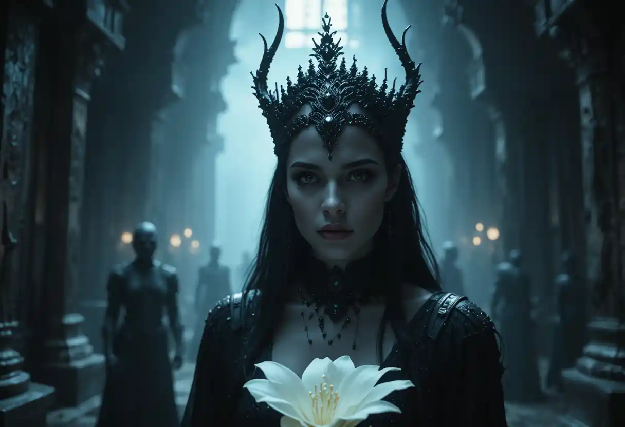 Goddess Hel as a dark queen in obsidian underworld throne room