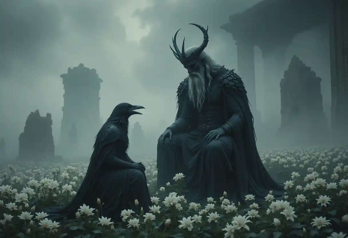 Mythic meeting in the foggy underworld with death goddess