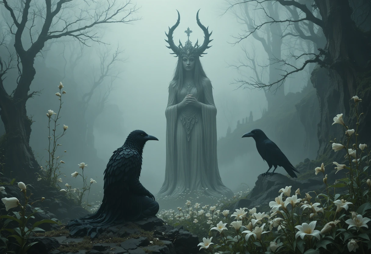 Mythic meeting of gods in a dark foggy underworld